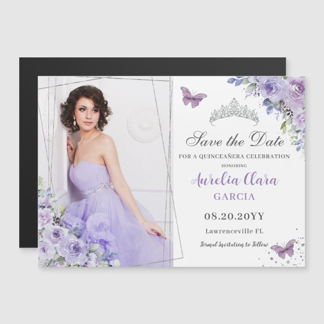 Purple Lilac Floral Quinceañera 16th Save the Date (Front/Back)
