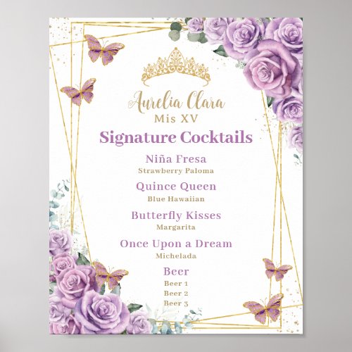 Purple Lilac Floral Quinceanera Bar Cocktail Menu