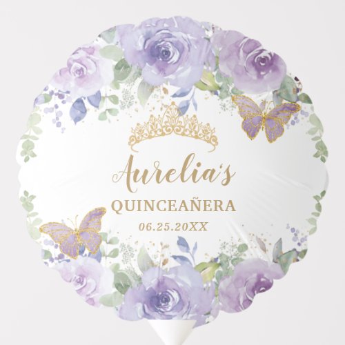 Purple Lilac Floral Quinceaera Crown Butterflies Balloon