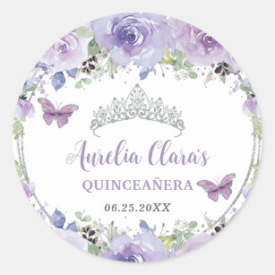 Purple Lilac Floral Quinceañera Crown Butterflies  Classic Round Sticker