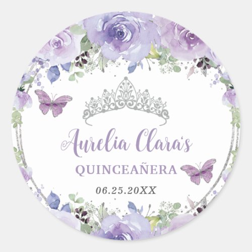 Purple Lilac Floral Quinceaera Crown Butterflies  Classic Round Sticker