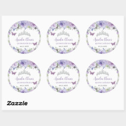 Purple Lilac Floral Quinceañera Crown Butterflies Classic Round Sticker ...