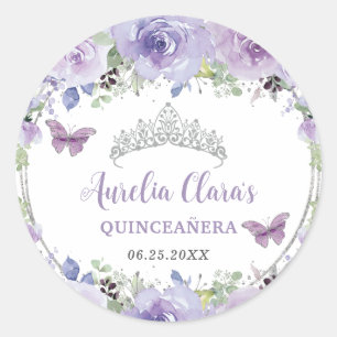 Purple Lilac Floral Quinceañera Crown Butterflies Classic Round Sticker
