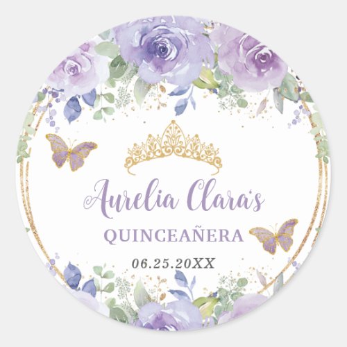 Purple Lilac Floral Quinceaera Crown Butterflies Classic Round Sticker