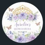 Purple Lilac Floral Quinceañera Crown Butterflies Classic Round Sticker<br><div class="desc">Personalize these elegant round sticker labels with your own wording easily and quickly,  simply press the customize it button to further re-arrange and format the style and placement of the text.  Matching items available in store. (c) The Happy Cat Studio</div>