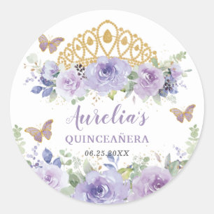 Purple Lilac Floral Quinceañera Crown Butterflies Classic Round Sticker