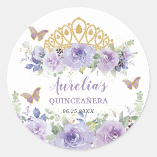Purple Lilac Floral Quinceañera Crown Butterflies Classic Round Sticker