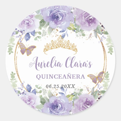 Purple Lilac Floral Quinceaera Crown Butterflies Classic Round Sticker