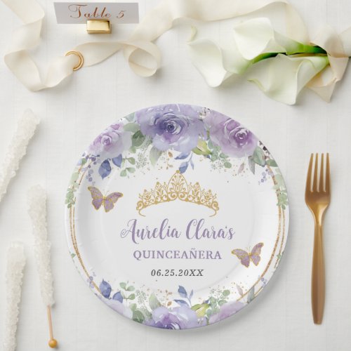 Purple Lilac Floral Quinceaera Crown Butterflies Paper Plates