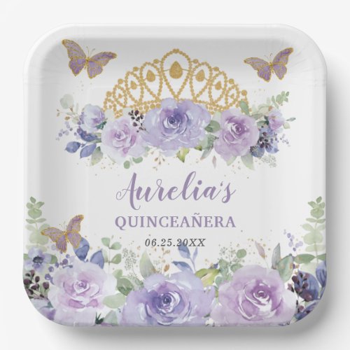 Purple Lilac Floral Quinceaera Crown Butterflies  Paper Plates