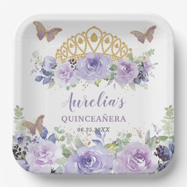 Purple Lilac Floral Quinceañera Crown Butterflies  Paper Plates (Front)
