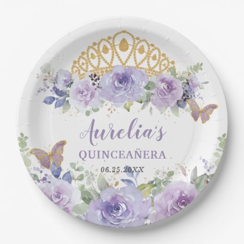 Purple Lilac Floral Quinceaera Crown Butterflies Paper Plates