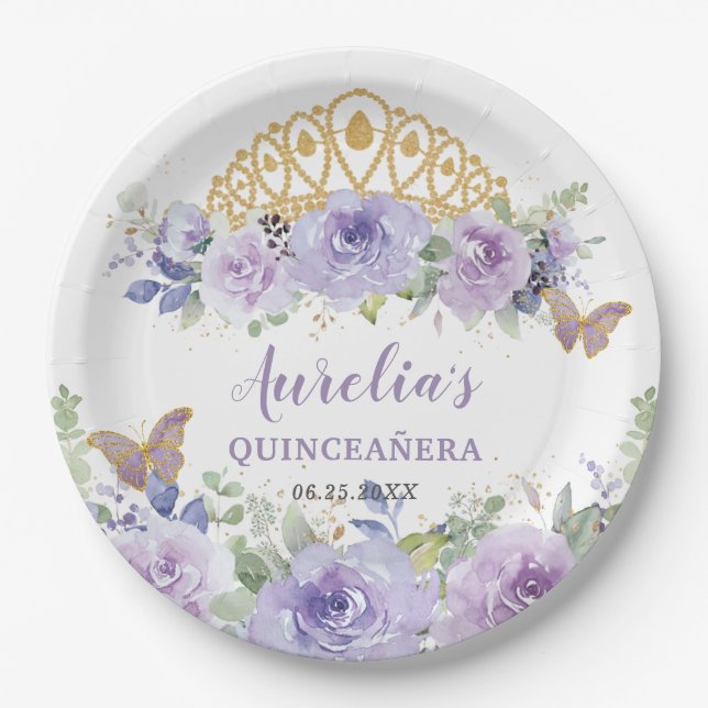 Purple Lilac Floral Quinceañera Crown Butterflies Paper Plates (Front)