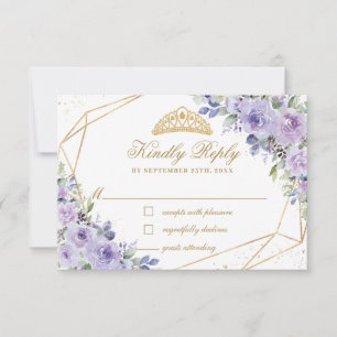 Purple Lilac Floral Quinceañera Gold Crown Tiara RSVP Card