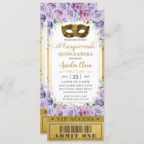 Purple Lilac Floral Quinceaera Masquerade Ticket Invitation