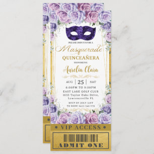 Purple Lilac Floral Quinceañera Masquerade Ticket Invitation