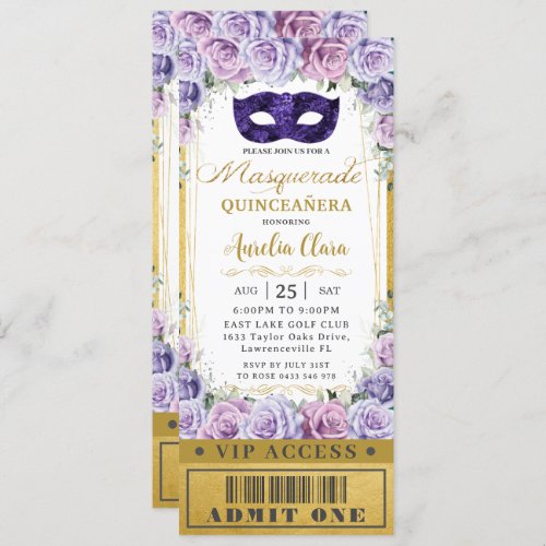 Purple Lilac Floral Quinceaera Masquerade Ticket  Invitation
