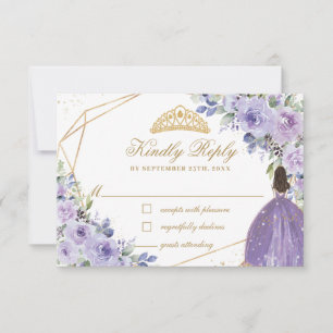Purple Lilac Floral Quinceañera Princess Crown RSVP Card