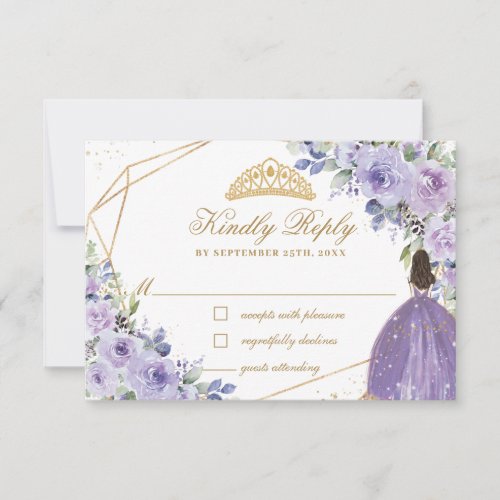Purple Lilac Floral Quinceaera Princess Crown RSVP Card