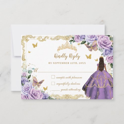 Purple Lilac Floral Quinceaera Princess Gold RSVP Card