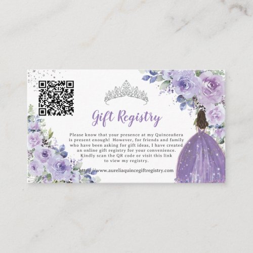 Purple Lilac Floral Quinceaera QR Gift Registry Enclosure Card
