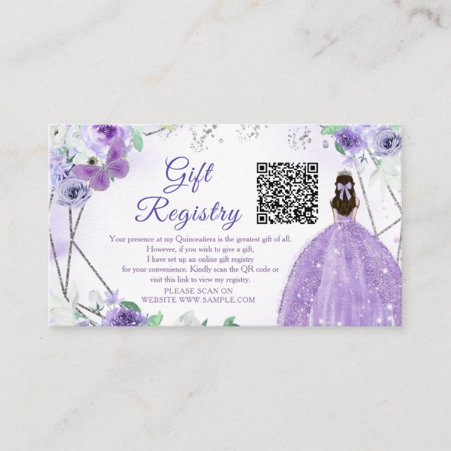 Purple Lilac Floral Quinceañera QR Gift Registry Enclosure Card (Front)