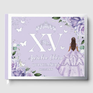 Purple Lilac Floral Quinceañera Quince 15 Silver Foil Guest Book