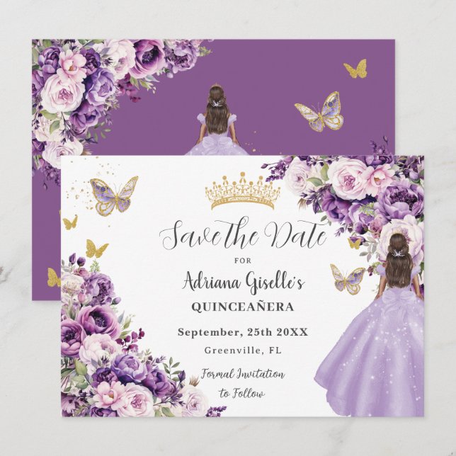 Purple Lilac Floral Quinceanera Save The Date (Front/Back)