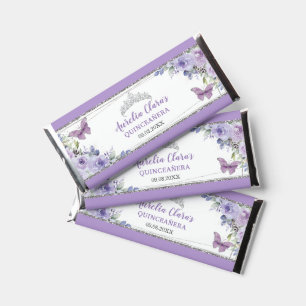 Purple Lilac Floral Quinceañera Silver Butterflies Hershey Bar Favors