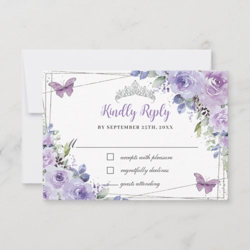 Purple Lilac Floral Quinceaera Silver Butterflies RSVP Card