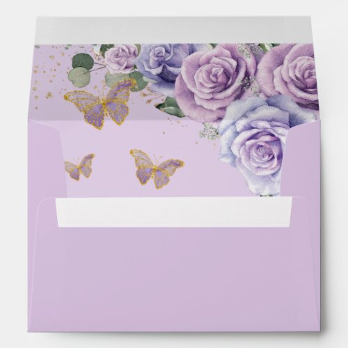 Purple Lilac Floral Quinceaera Sweet 16 Butterfly Envelope