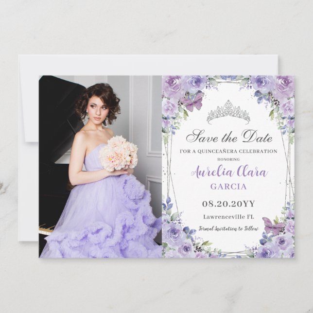 Purple Lilac Floral Quinceañera Sweet 16 Picture Save The Date (Front)