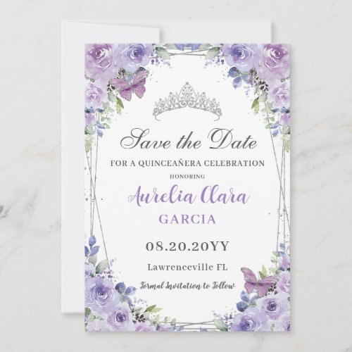 Purple Lilac Floral Quinceaera Sweet 16 Silver Save The Date