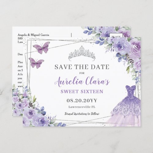 Purple Lilac Floral Quinceanera Sweet Sixteen Save Announcement Postcard