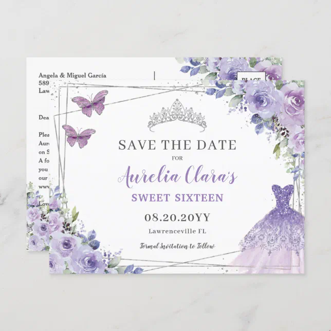 Purple Lilac Floral Quinceanera Sweet Sixteen Save Announcement ...