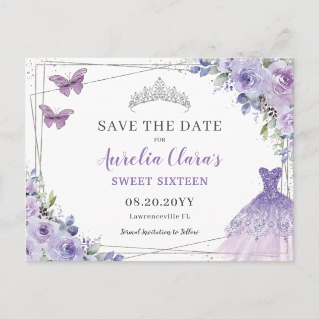Purple Lilac Floral Quinceanera Sweet Sixteen Save Announcement Postcard (Front)
