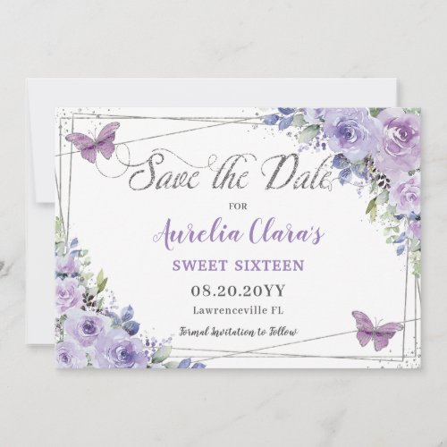 Purple Lilac Floral Quinceaera Sweet Sixteen Save Save The Date