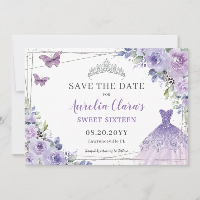 Purple Lilac Floral Quinceanera Sweet Sixteen Save The Date (Front)