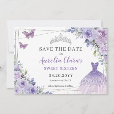 Purple Lilac Floral Quinceanera Sweet Sixteen Save The Date
