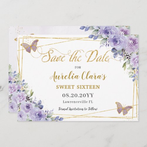 Purple Lilac Floral Quinceaera Sweet Sixteen Save The Date