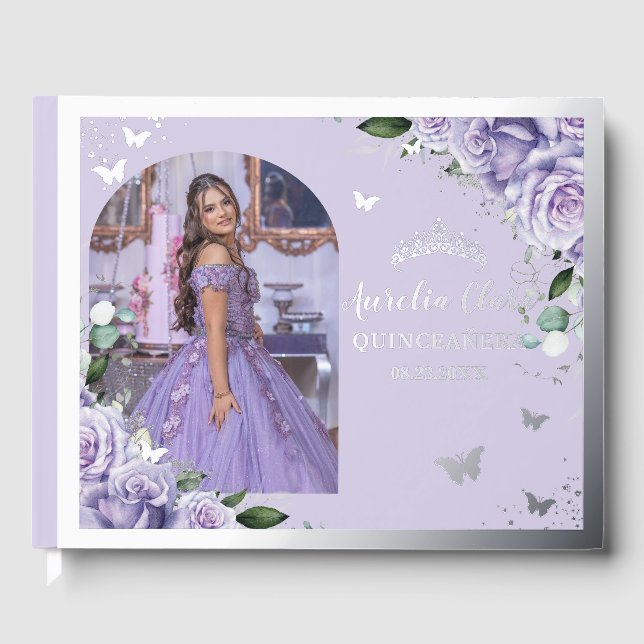 Purple Lilac Floral Quinceañera XV 15 Silver Photo Foil Guest Book (Front)