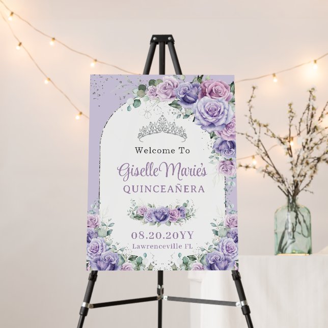 Purple Lilac Floral Rose QUINCEAÑERA Silver Arch Foam Board (In Situ (Stand))