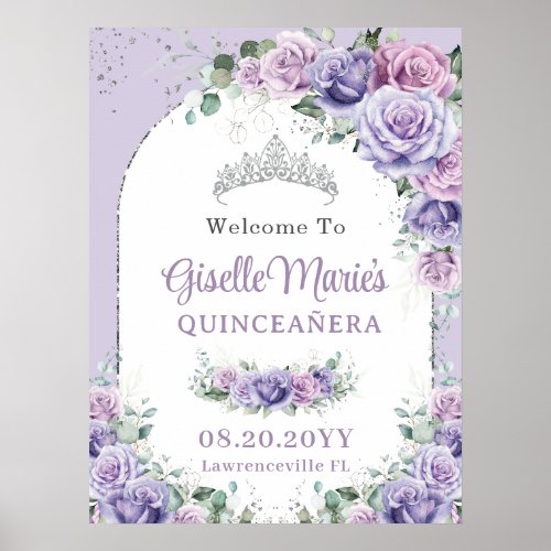 Purple Lilac Floral Rose QUINCEAERA Silver Arch Poster