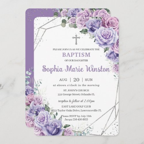 Purple Lilac Floral Silver Baptism Christening  Invitation
