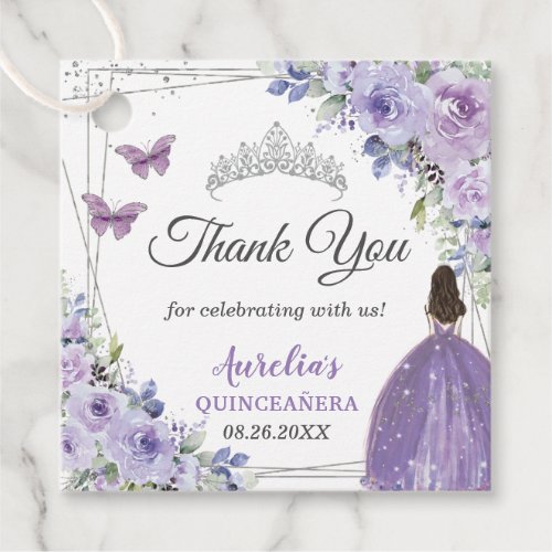 Purple Lilac Floral Silver Princess Quinceaera Favor Tags