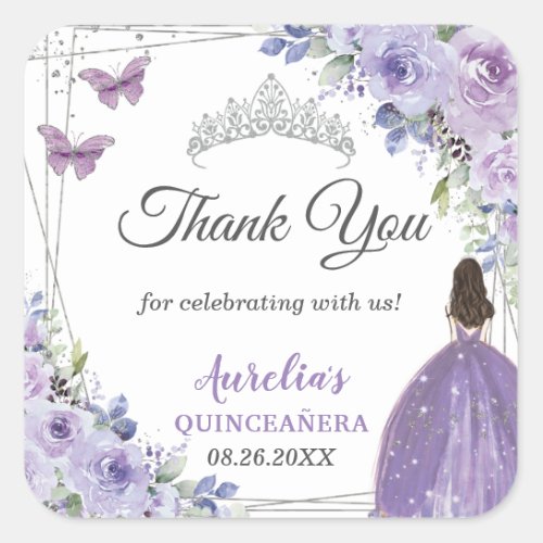 Purple Lilac Floral Silver Princess Quinceaera Square Sticker