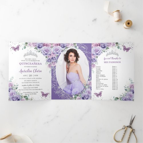 Purple Lilac Floral Silver Quincea&#241;era 15 Photos Tri-Fold Invitation