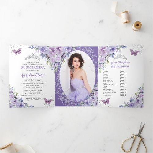 Purple Lilac Floral Silver Quincea&#241;era 15 Photos Tri-Fold Invitation