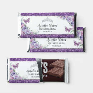 Purple Lilac Floral Silver Quinceañera Butterflies Hershey Bar Favors