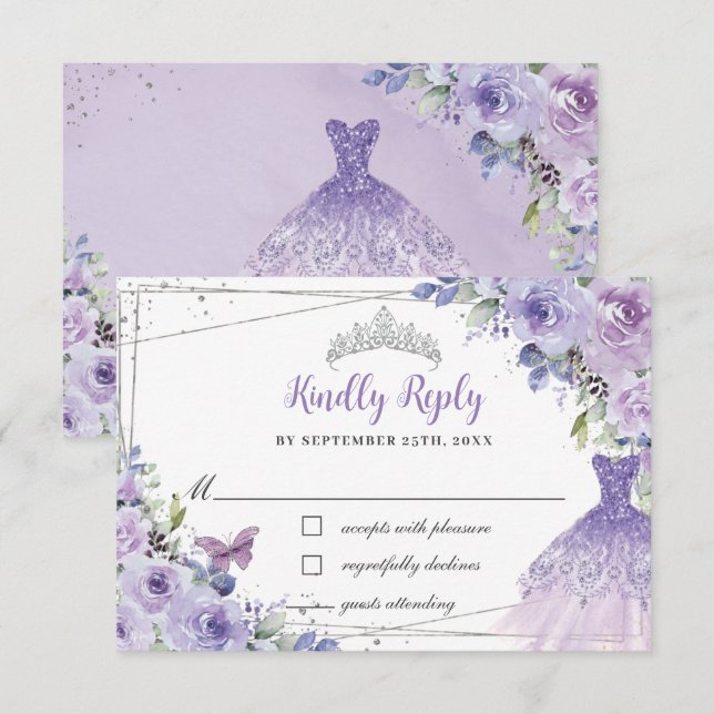 Purple Lilac Floral Silver Quinceañera Dress Gown RSVP Card (Front/Back)